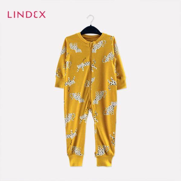 Printed Full Sleeve Zip Front Footed Romper, Ocelot Kittens